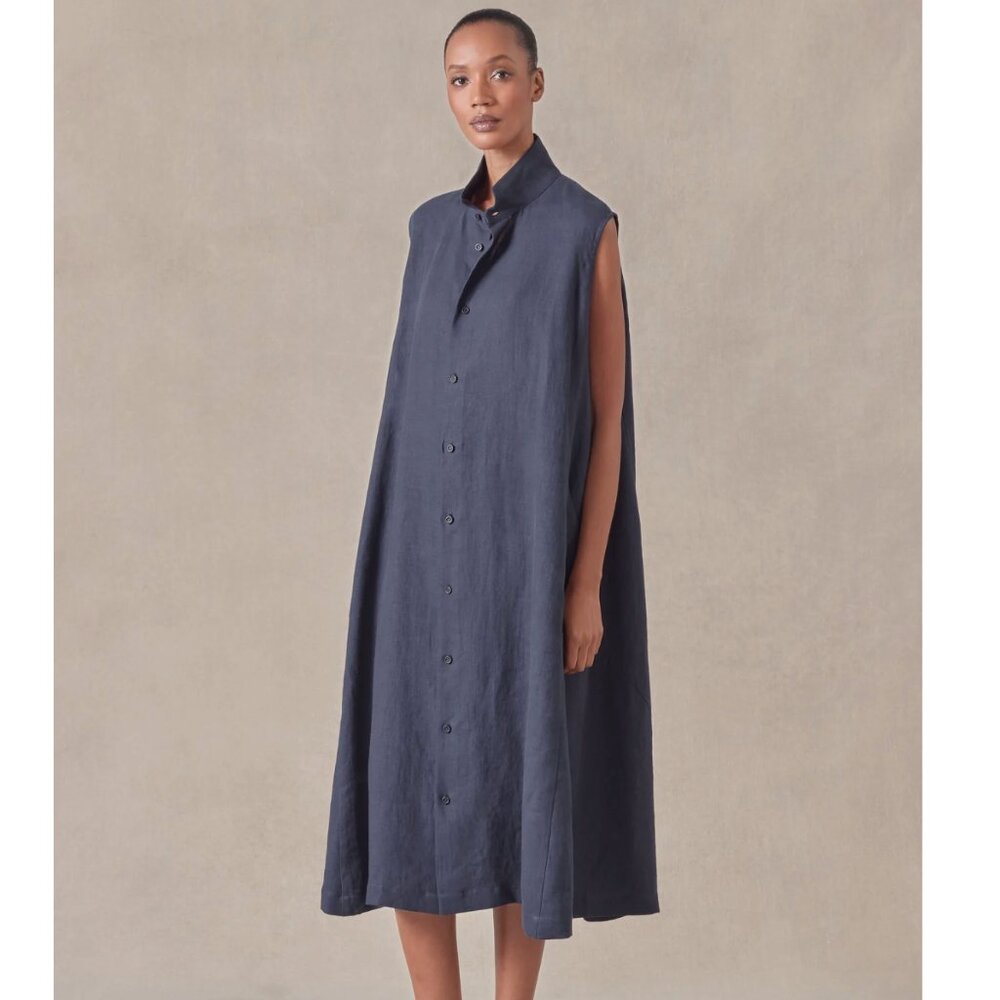 Eskandar Blue Linen Sleeveless Button Up Caucasus Shirt Dress with Pockets sz L